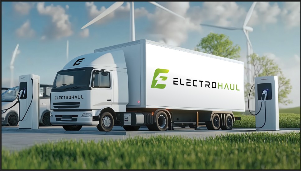 ElectroHaul electric truck charging beside wind turbines